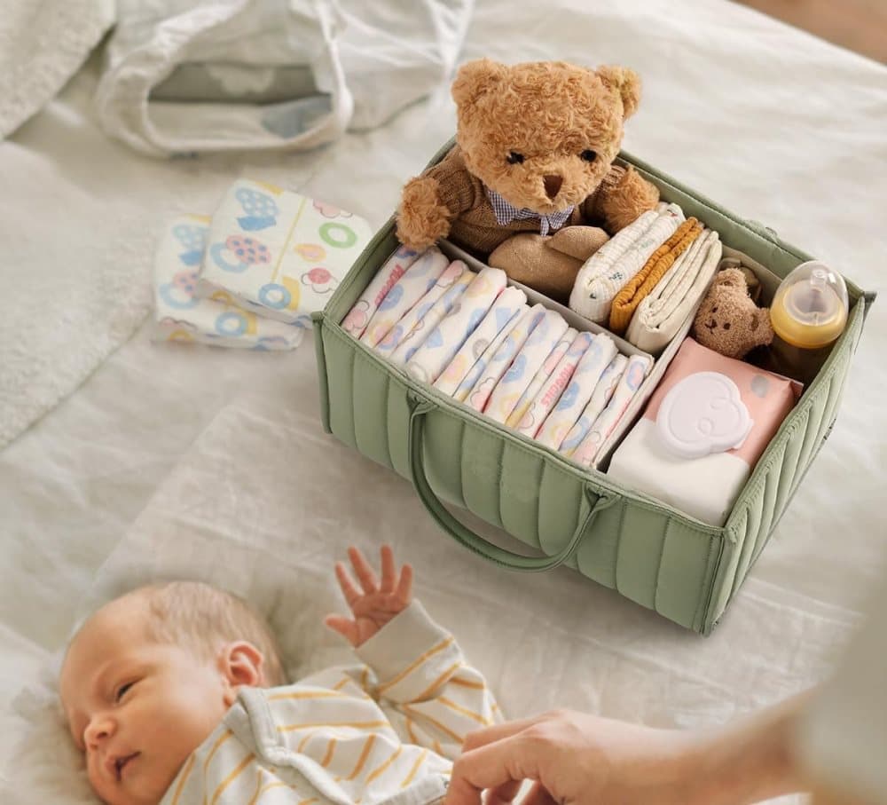 Baby Diaper Storage Basket, Large Water-Resistant Organizer, Green