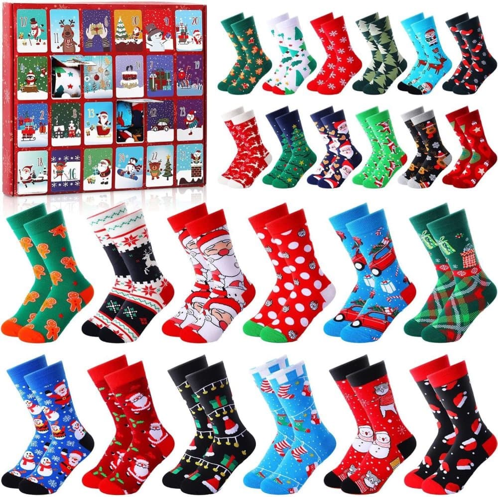 24 Pair Christmas Socks Advent Calendar 2025, Unisex Party Socks with Santa Snowman Reindeer, for Christmas Party Gift