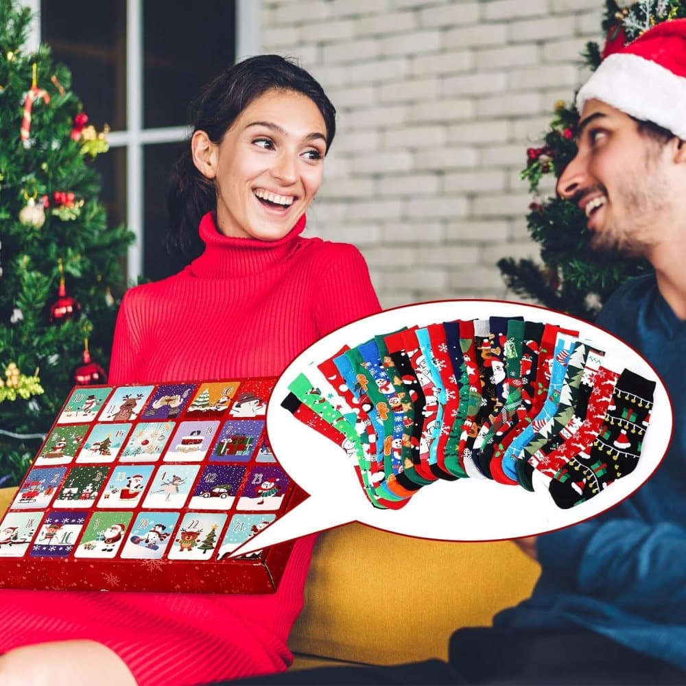 24 Pair Christmas Socks Advent Calendar 2025, Unisex Party Socks with Santa Snowman Reindeer, for Christmas Party Gift