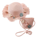 Girls Straw Hat and Shoulder Bag Set for Summer Beach Travel Outdoor Play, Pink