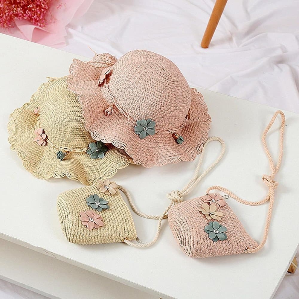 Girls Straw Hat and Shoulder Bag Set for Summer Beach Travel Outdoor Play, White