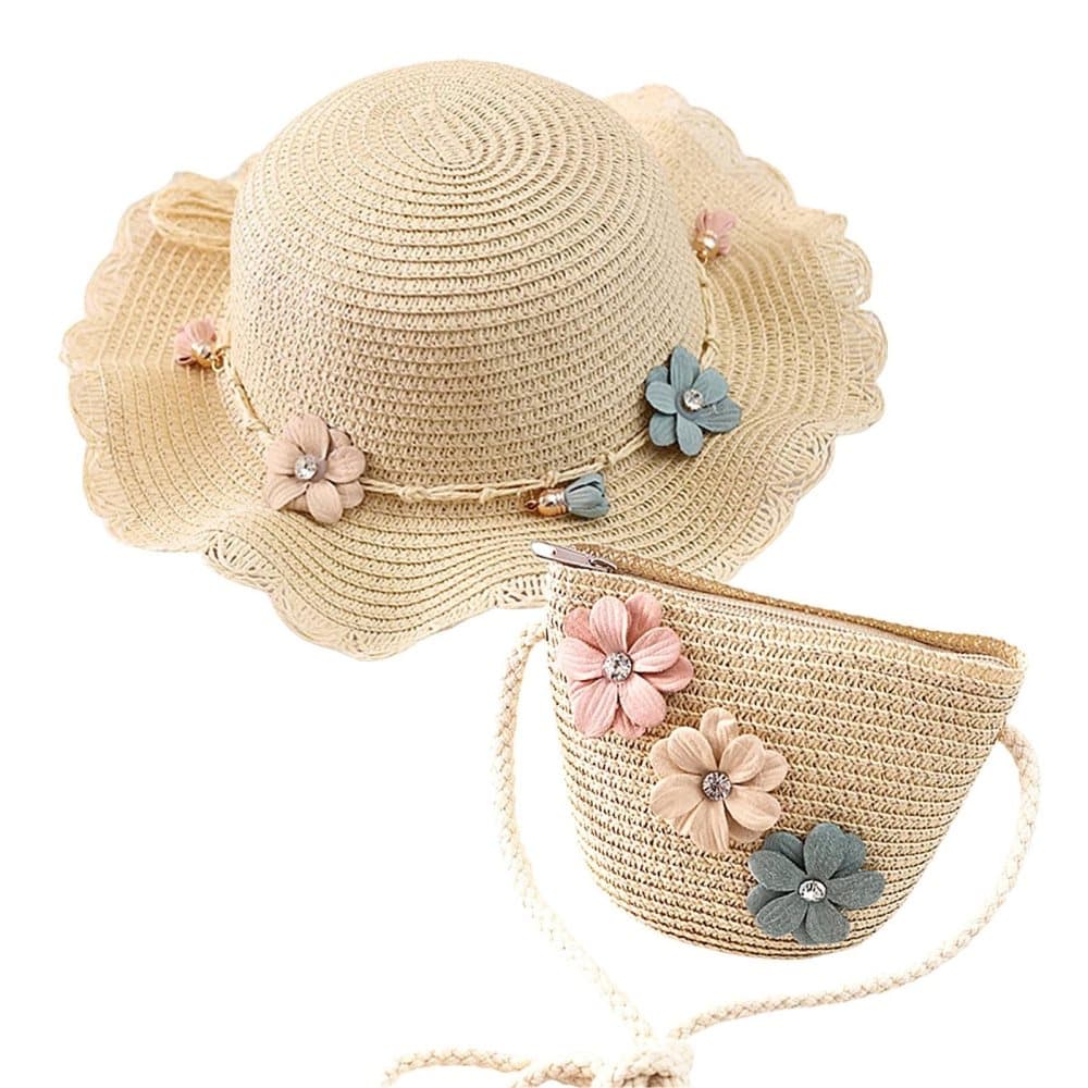 Girls Straw Hat and Shoulder Bag Set for Summer Beach Travel Outdoor Play, Wood