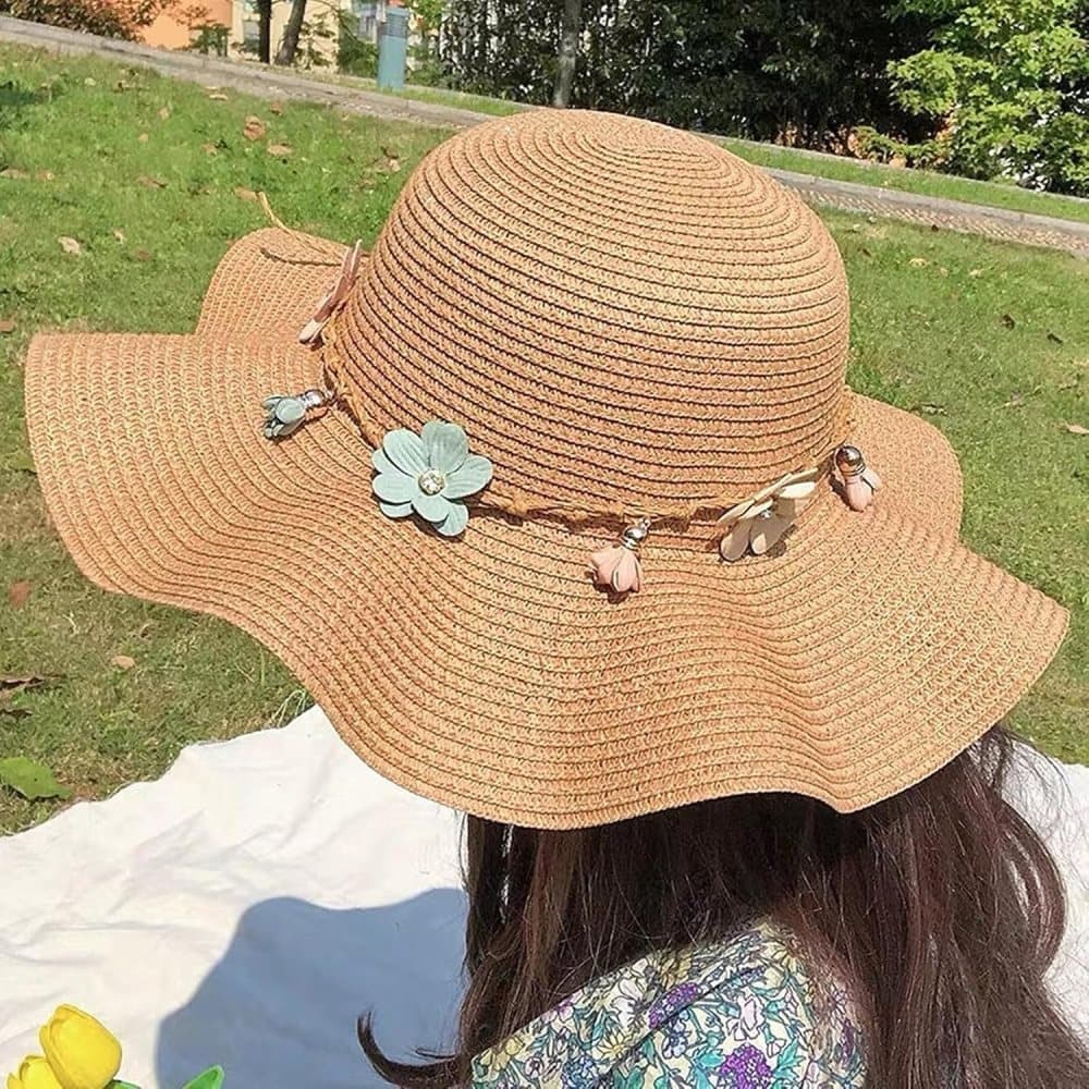 Girls Straw Hat and Shoulder Bag Set for Summer Beach Travel Outdoor Play, Wood
