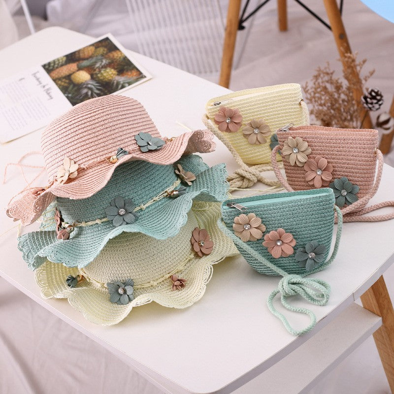 Girls Straw Hat and Shoulder Bag Set for Summer Beach Travel Outdoor Play, Green
