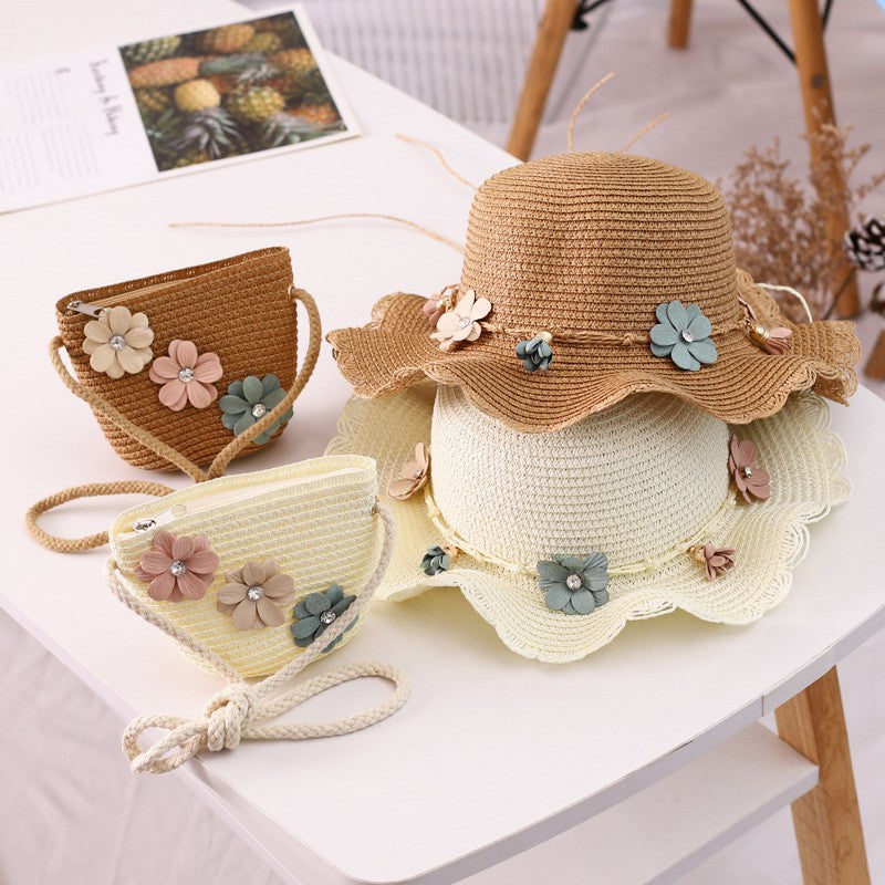 Girls Straw Hat and Shoulder Bag Set for Summer Beach Travel Outdoor Play, Green