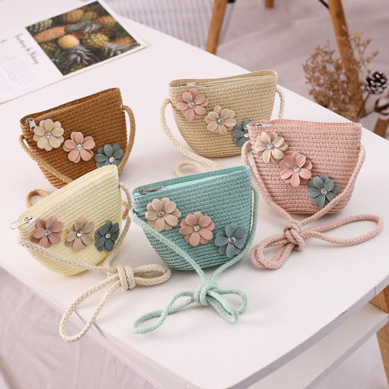 Girls Straw Hat and Shoulder Bag Set for Summer Beach Travel Outdoor Play, Green