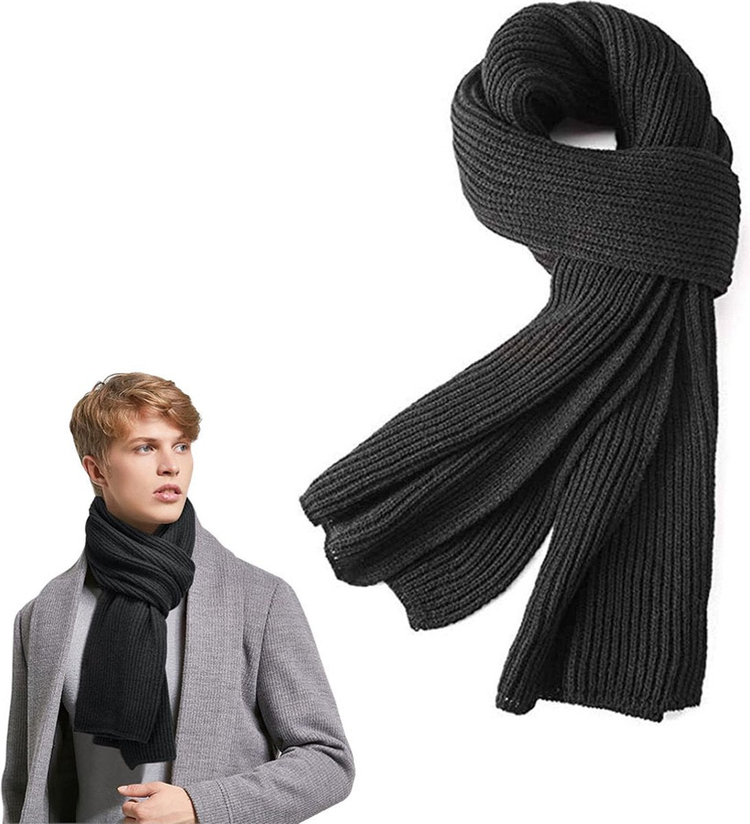 Black Wool Knitted Scarf – Warm, Soft Unisex Winter Scarf (185 × 30 cm)