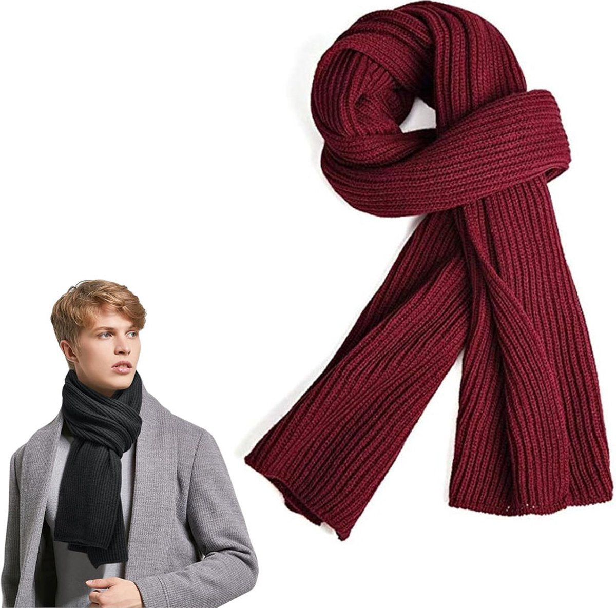 Red Wool Knitted Scarf – Warm, Soft Unisex Winter Scarf (185 × 30 cm)