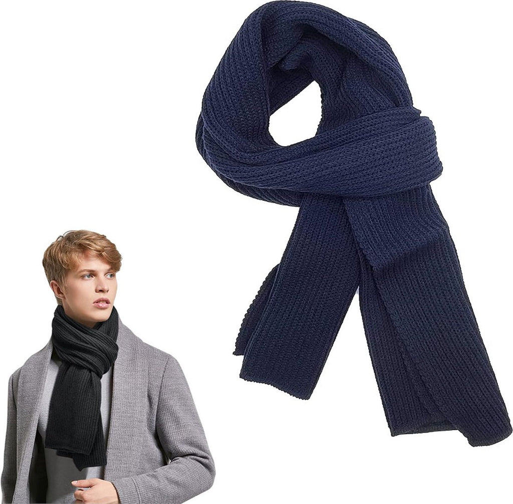 Navy Wool Knitted Scarf – Warm, Soft Unisex Winter Scarf (185 × 30 cm)