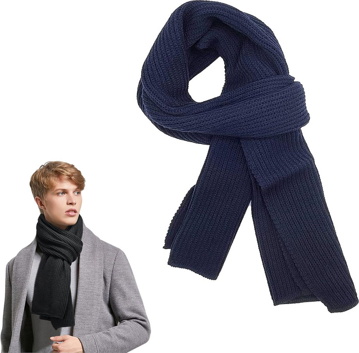 Navy Wool Knitted Scarf – Warm, Soft Unisex Winter Scarf (185 × 30 cm)