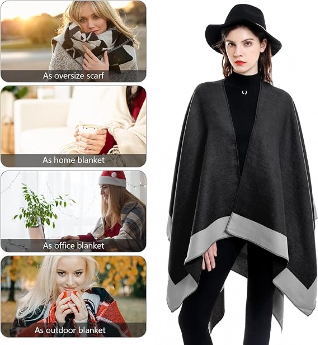 Elegant Black & Grey Women’s Wrap Scarf – Soft Winter Shawl (160 × 130 cm)