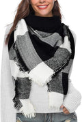 Women’s Faux Cashmere Triangle Scarf with Fringe – Black & White Checked Winter Wrap