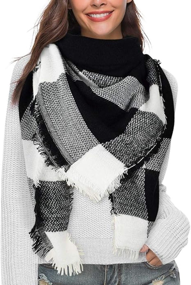 Women’s Faux Cashmere Triangle Scarf with Fringe – Black & White Checked Winter Wrap