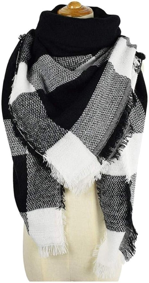 Women’s Faux Cashmere Triangle Scarf with Fringe – Black & White Checked Winter Wrap
