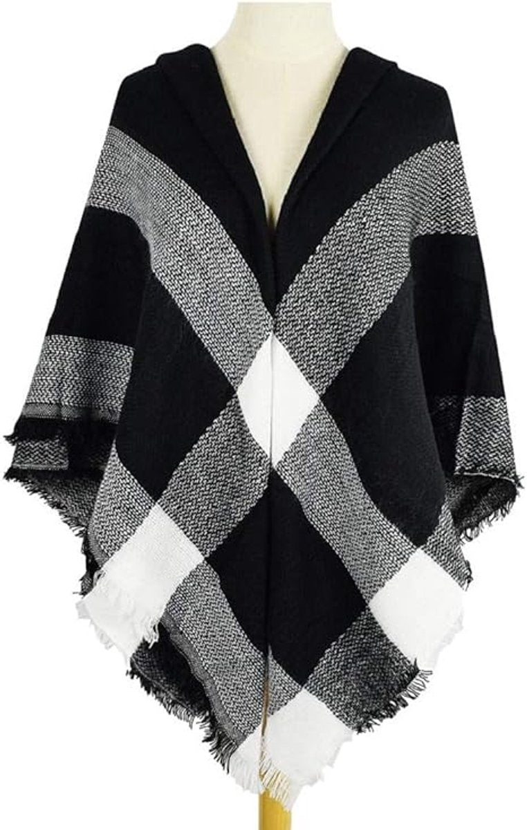 Women’s Faux Cashmere Triangle Scarf with Fringe – Black & White Checked Winter Wrap
