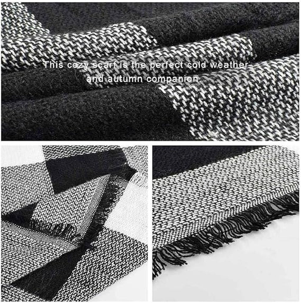Women’s Faux Cashmere Triangle Scarf with Fringe – Black & White Checked Winter Wrap