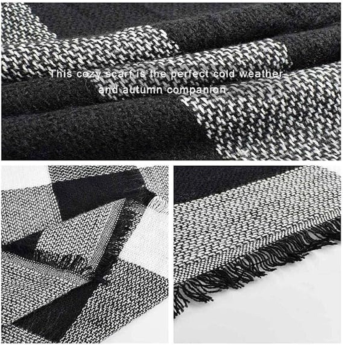 Women’s Faux Cashmere Triangle Scarf with Fringe – Black & White Checked Winter Wrap