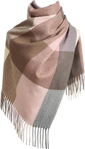 Women's Pink Checked Winter Scarf with Fringes – Soft Warm Wrap (180 × 70 cm)