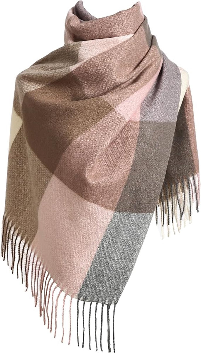 Women's Pink Checked Winter Scarf with Fringes – Soft Warm Wrap (180 × 70 cm)