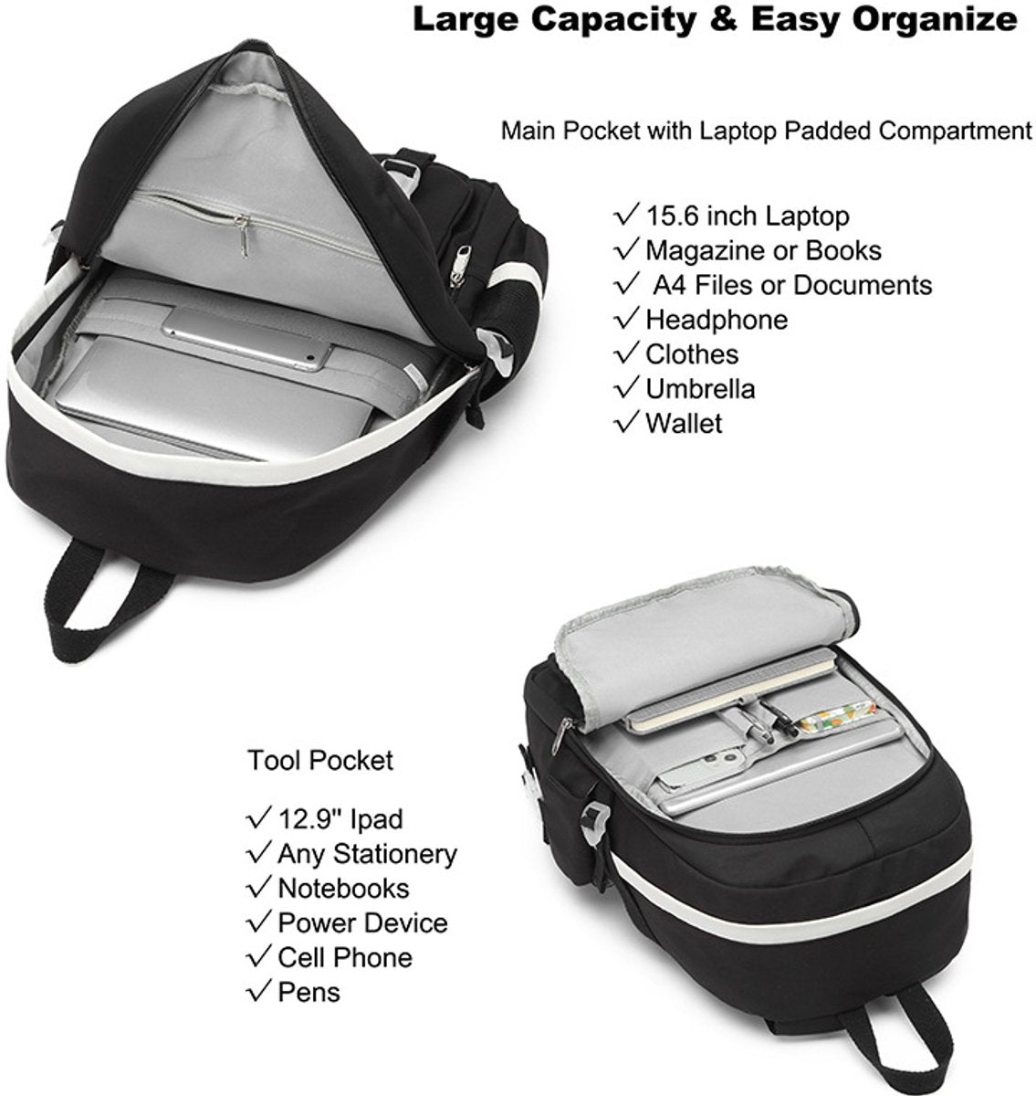 Black 30L Laptop School Backpack for Girls