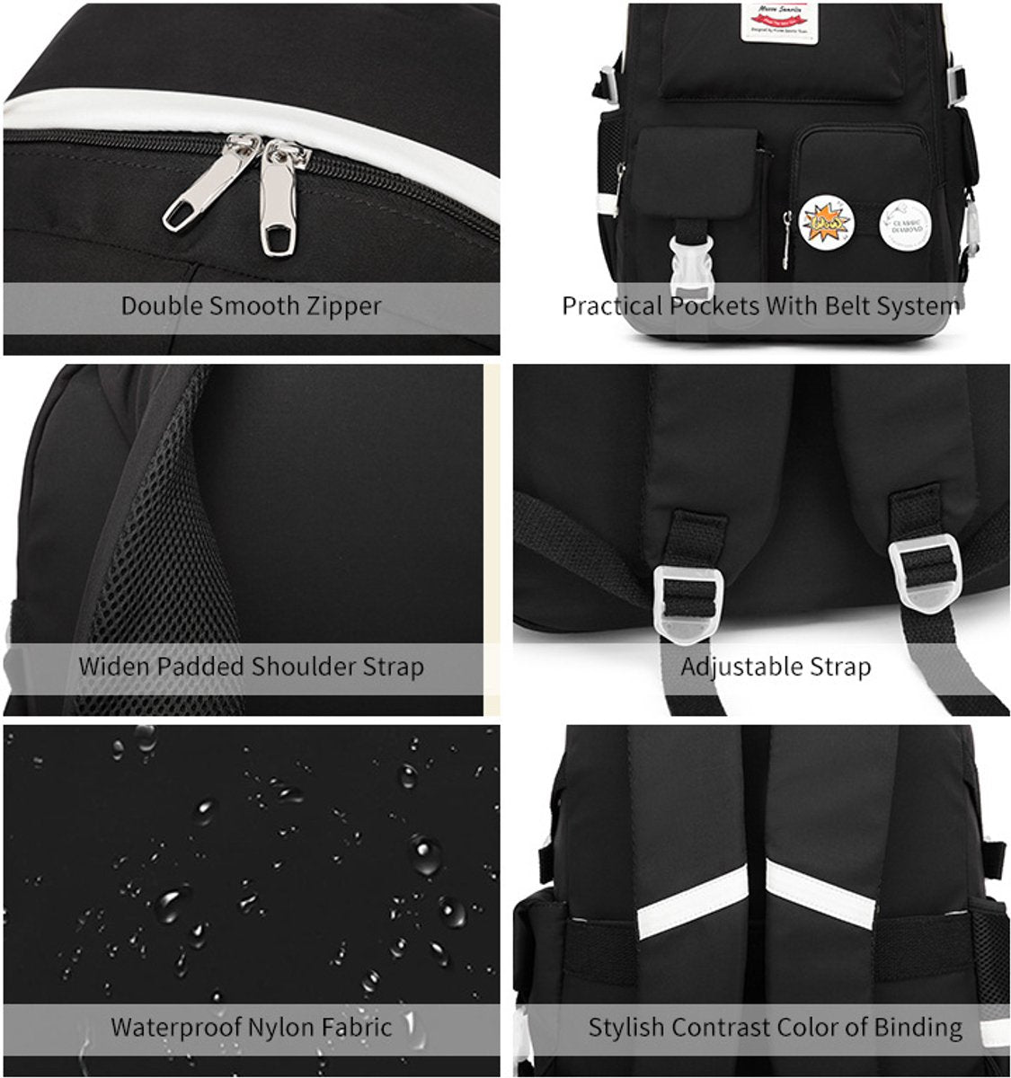 Black 30L Laptop School Backpack for Girls