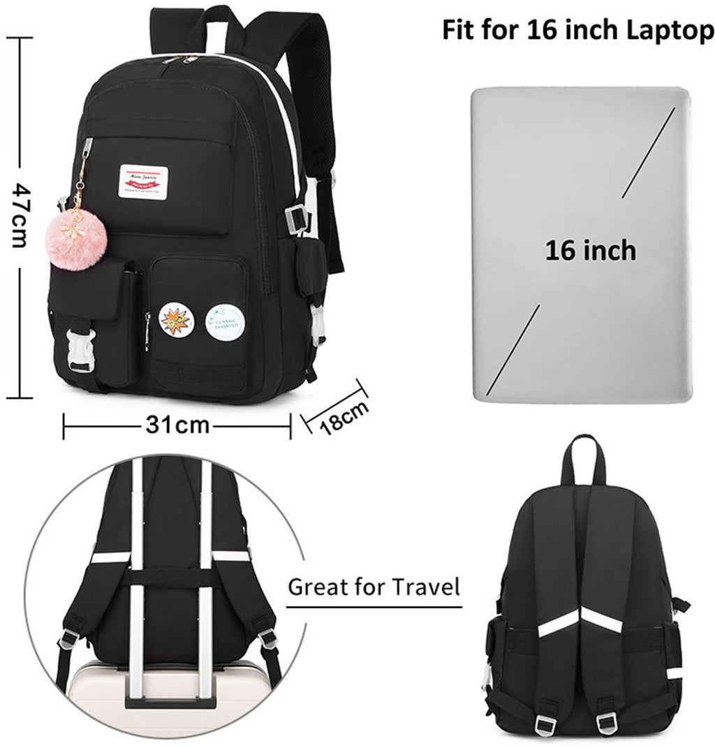 Black 30L Laptop School Backpack for Girls