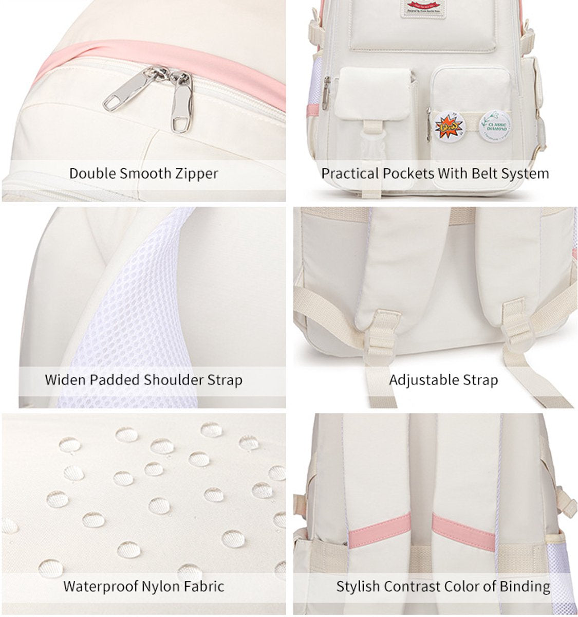 White 30L School Backpack for Girls – Laptop Compatible