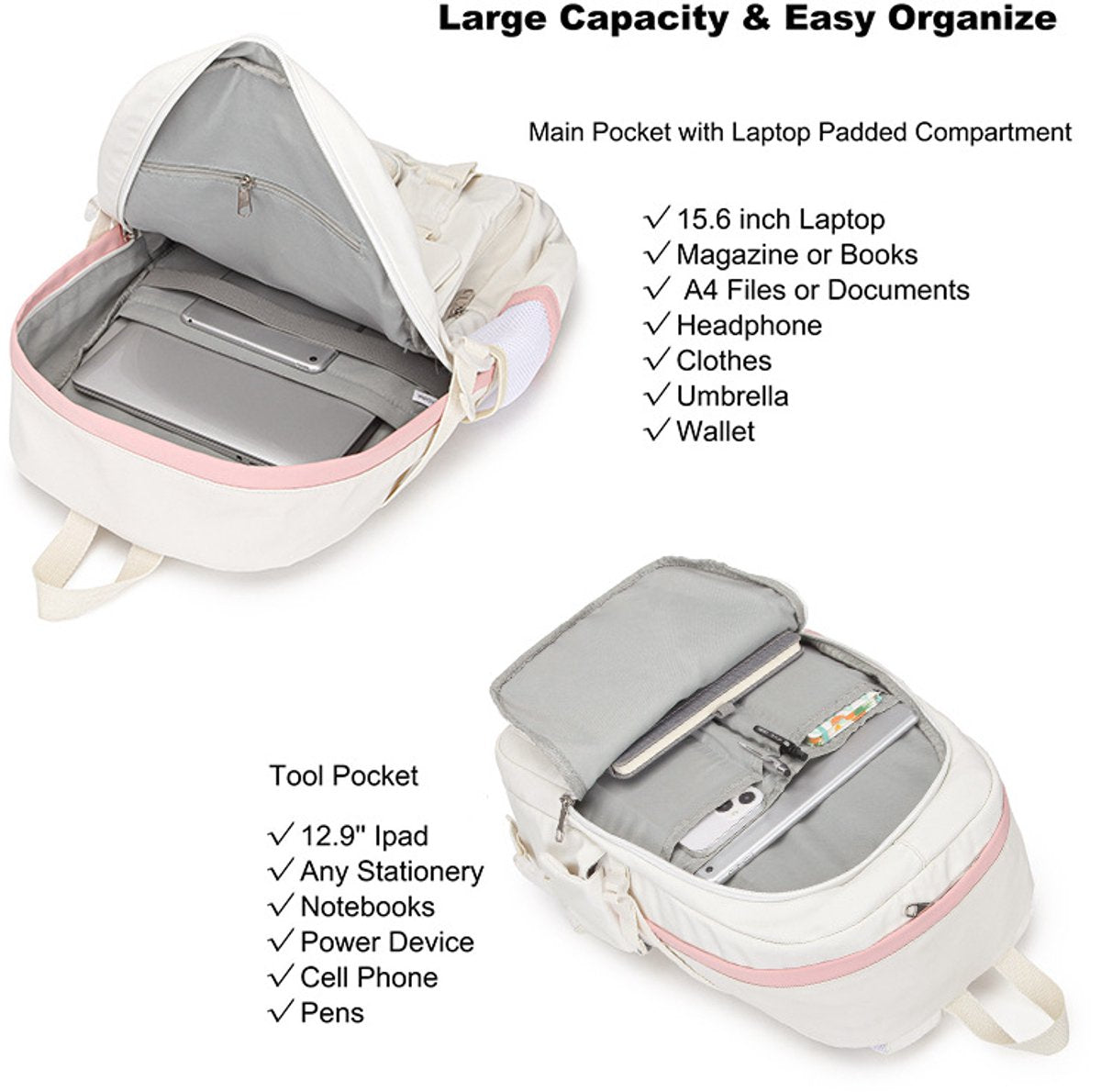 White 30L School Backpack for Girls – Laptop Compatible