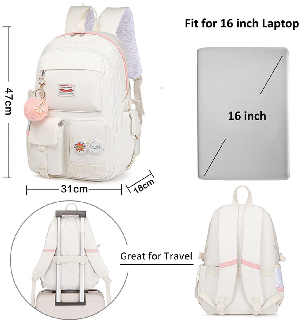 White 30L School Backpack for Girls – Laptop Compatible