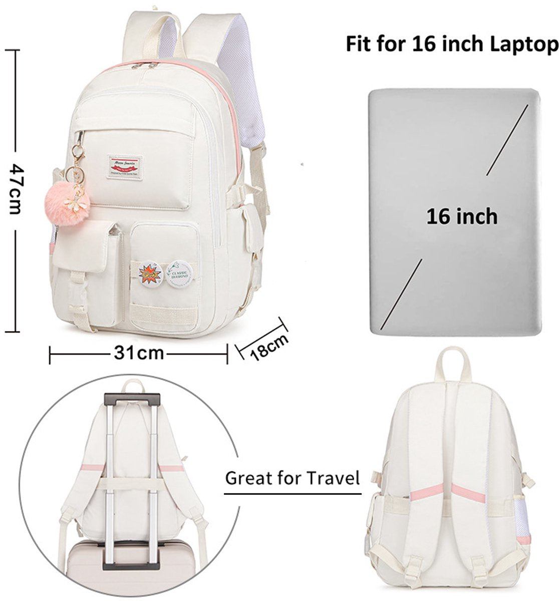 White 30L School Backpack for Girls – Laptop Compatible