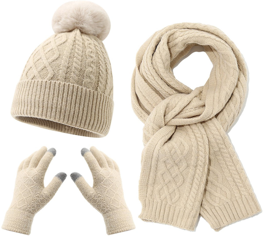 Women’s Winter Hat Scarf and Gloves Set – Beige Cable Knit 3-Piece Set
