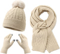 Women’s Winter Hat Scarf and Gloves Set – Beige Cable Knit 3-Piece Set