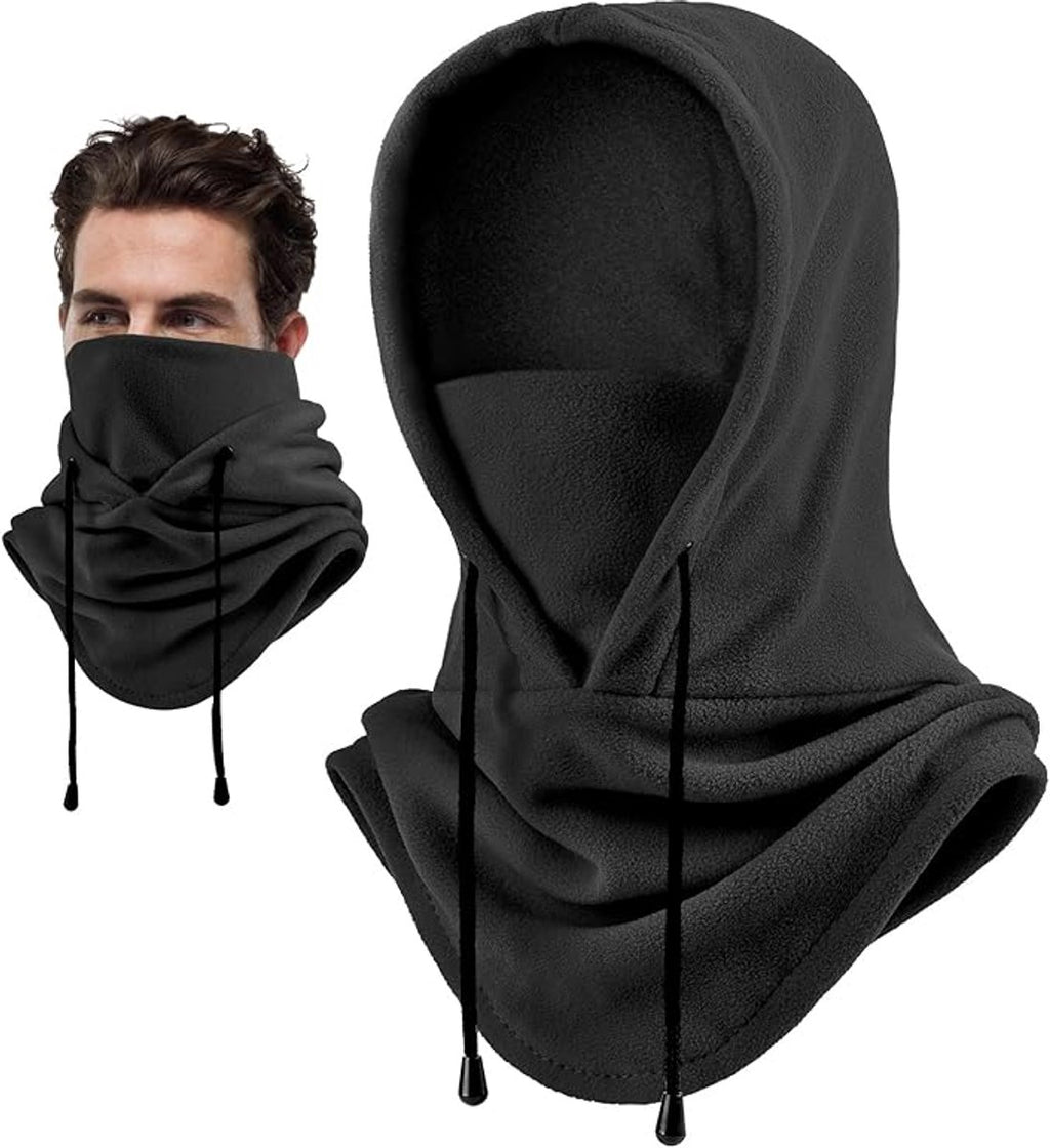 Black Hooded Neck Warmer – Windproof Drawstring Face Cover for Outdoor Use