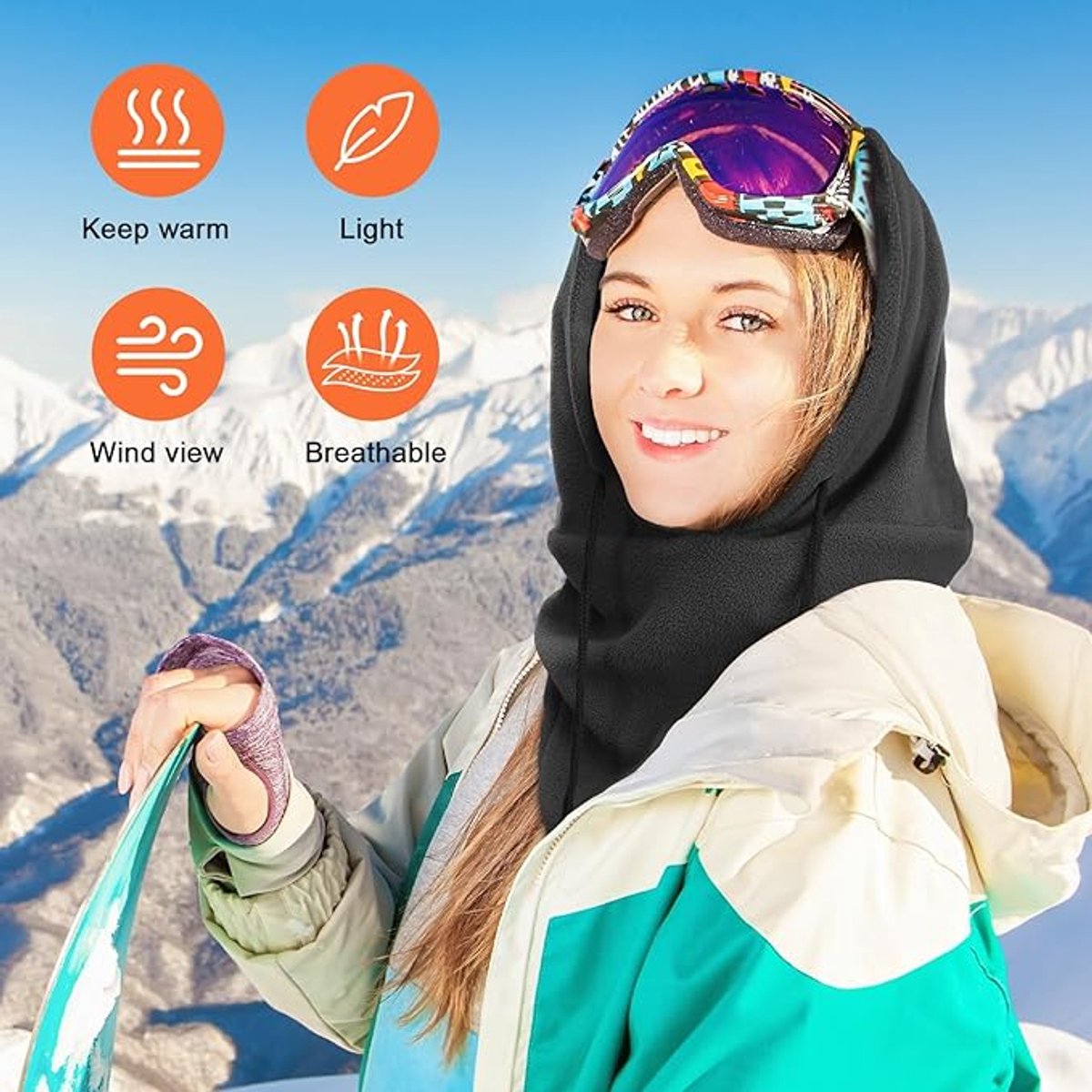 Black Hooded Neck Warmer – Windproof Drawstring Face Cover for Outdoor Use