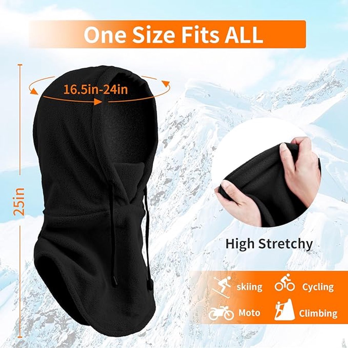 Black Hooded Neck Warmer – Windproof Drawstring Face Cover for Outdoor Use