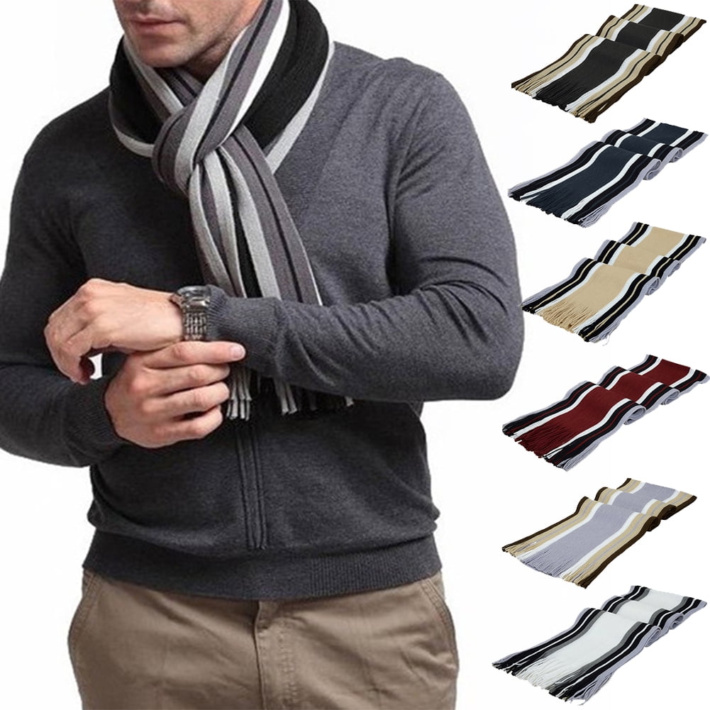 Men’s Striped Winter Scarf – Soft Knit, Tassel Edge, Beige