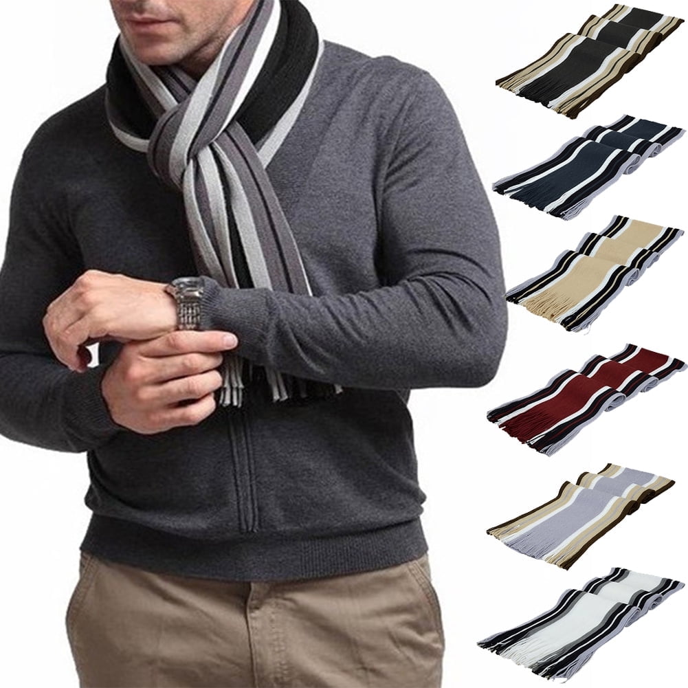 Men's Winter Scarf - Classic Striped Tassel Edge Soft Warm Scarf, Woolen Yarn Knitted Scarf White