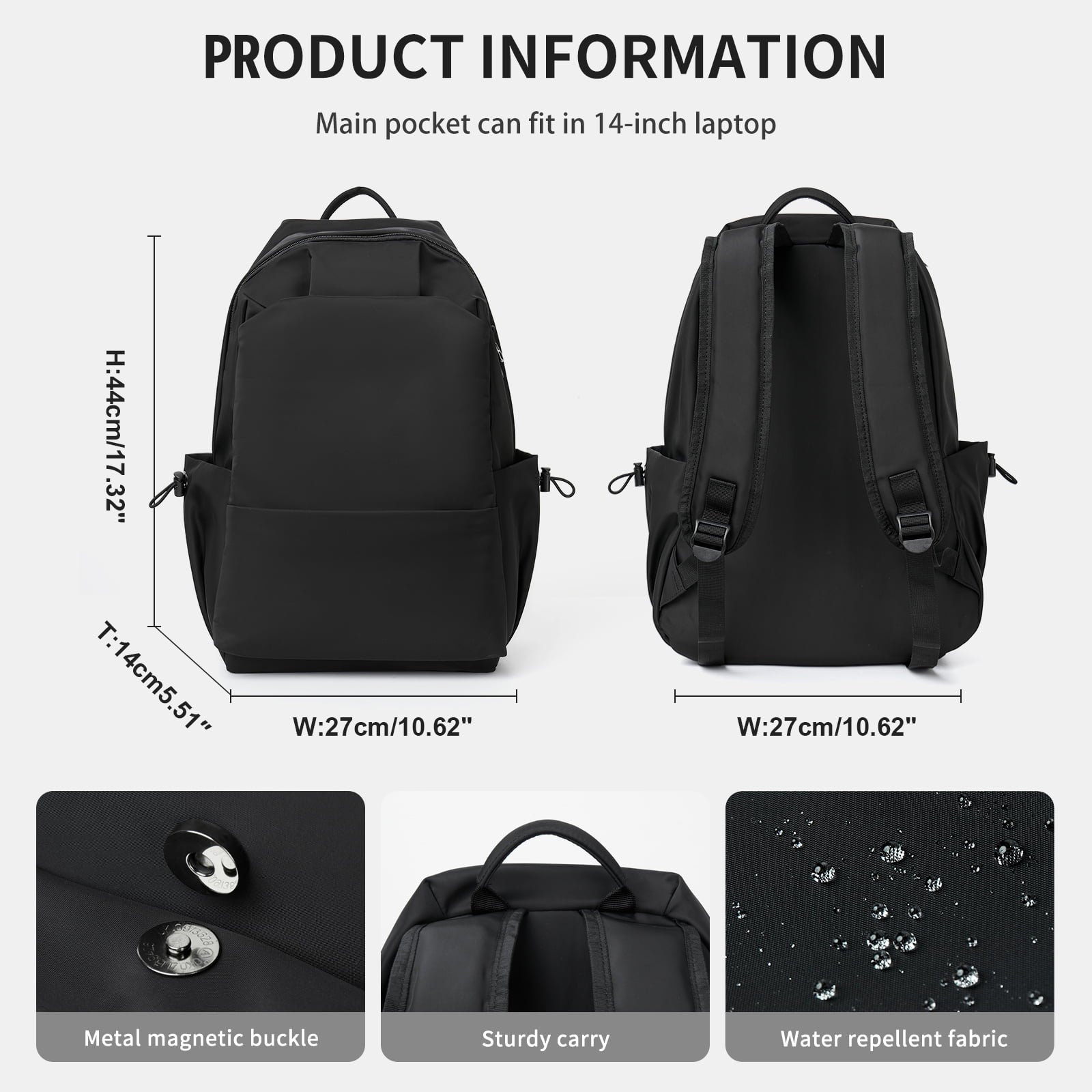 Unisex Lightweight Water-Resistant Backpack Black