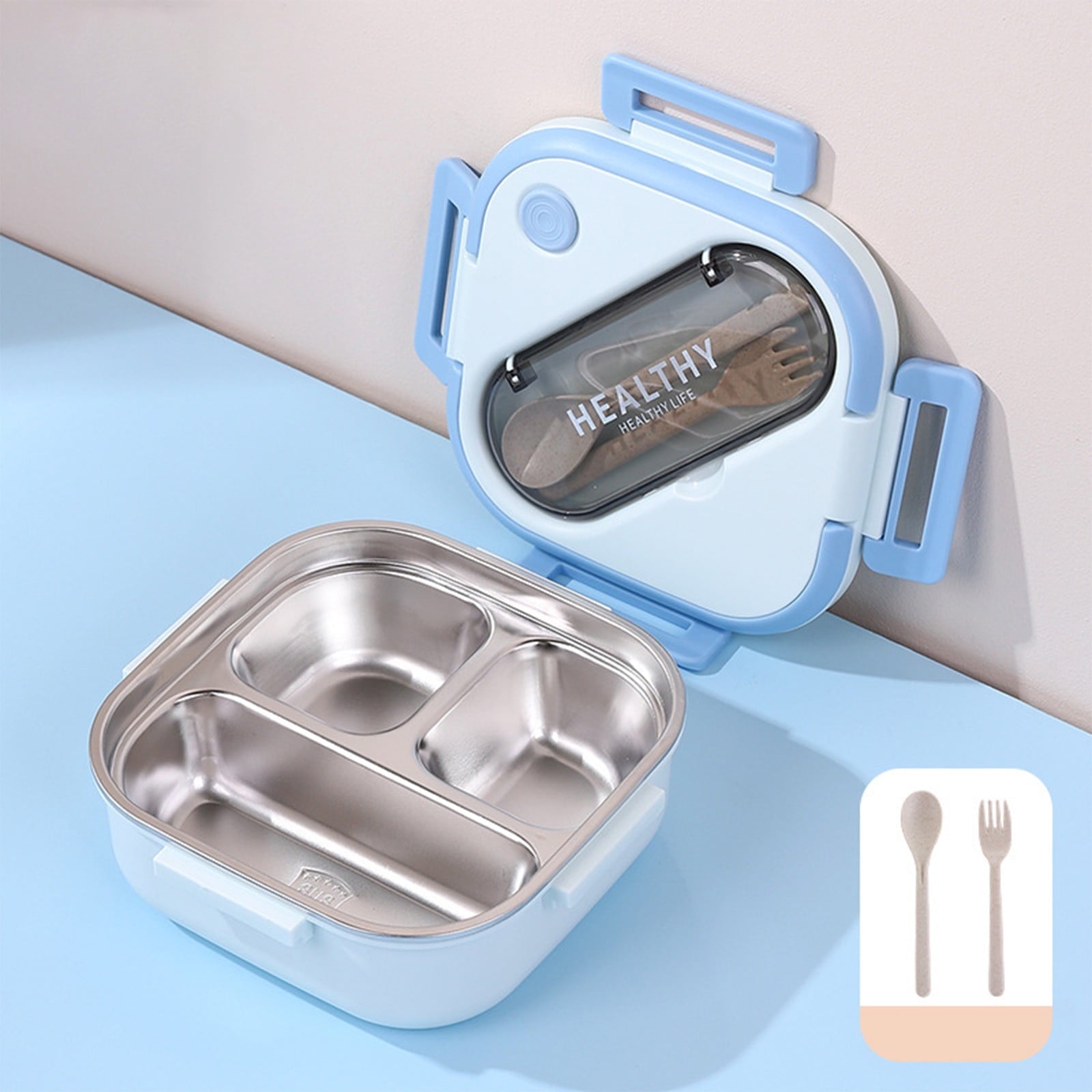 Lunch Box, Toddler Lunch Box, Leak-Proof, Four-Sided Clasp for School,Camping,Travel, 7.5x7.5x3 In Light Blue