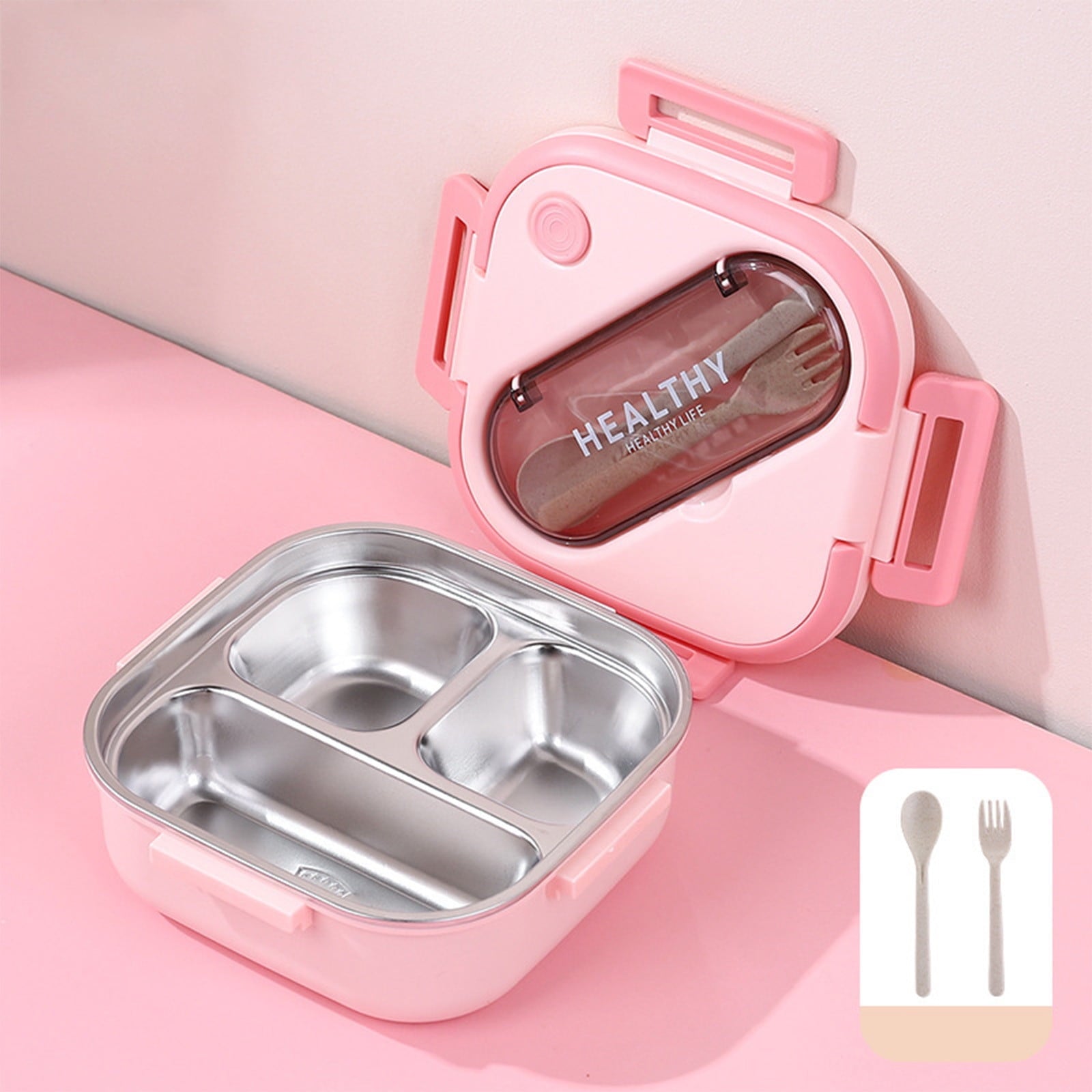 Lunch Box, Toddler Lunch Box, Leak-Proof, Four-Sided Clasp for School,Camping,Travel, 7.5x7.5x3 In,Light Blue Pink