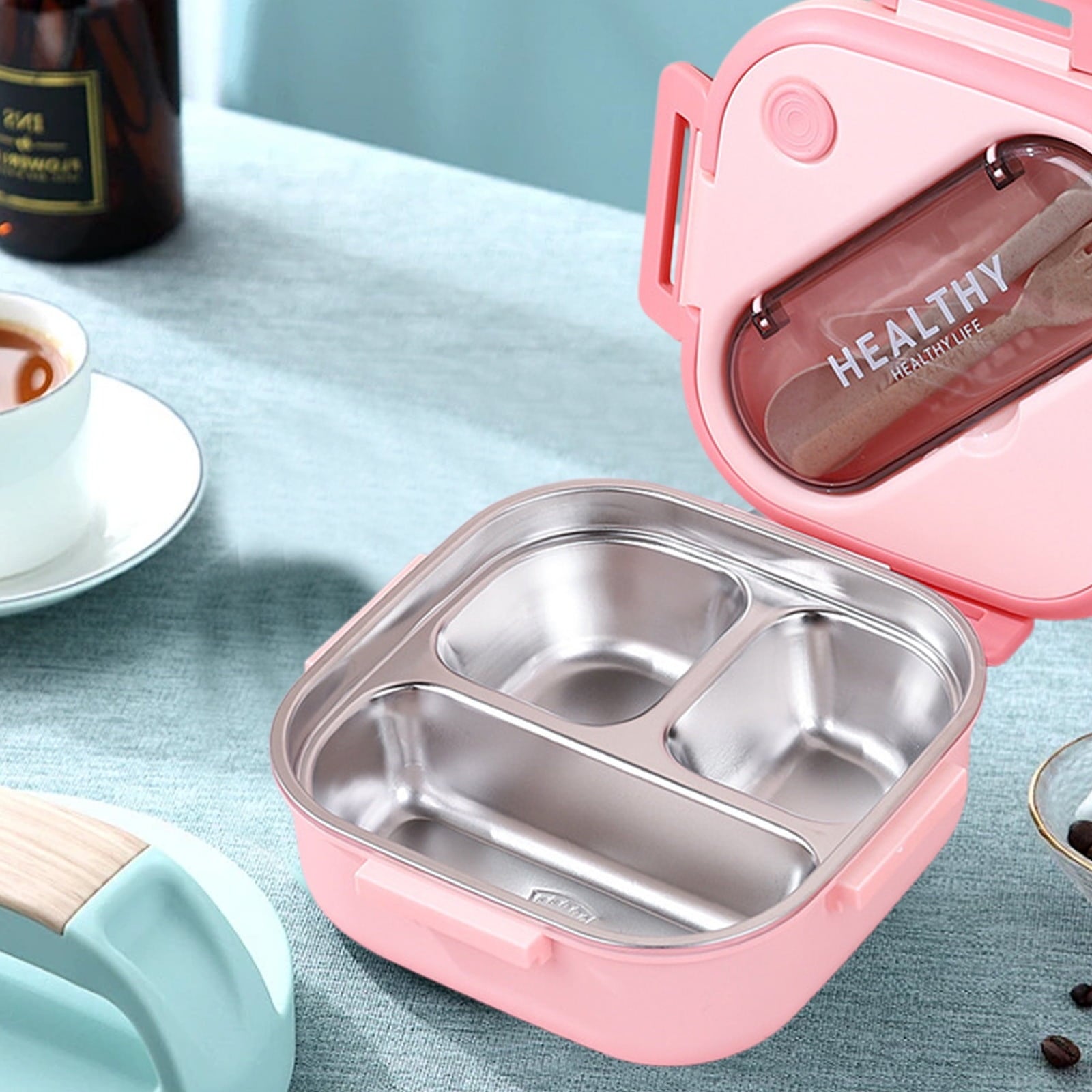 Lunch Box, Toddler Lunch Box, Leak-Proof, Four-Sided Clasp for School,Camping,Travel, 7.5x7.5x3 In,Light Blue Pink