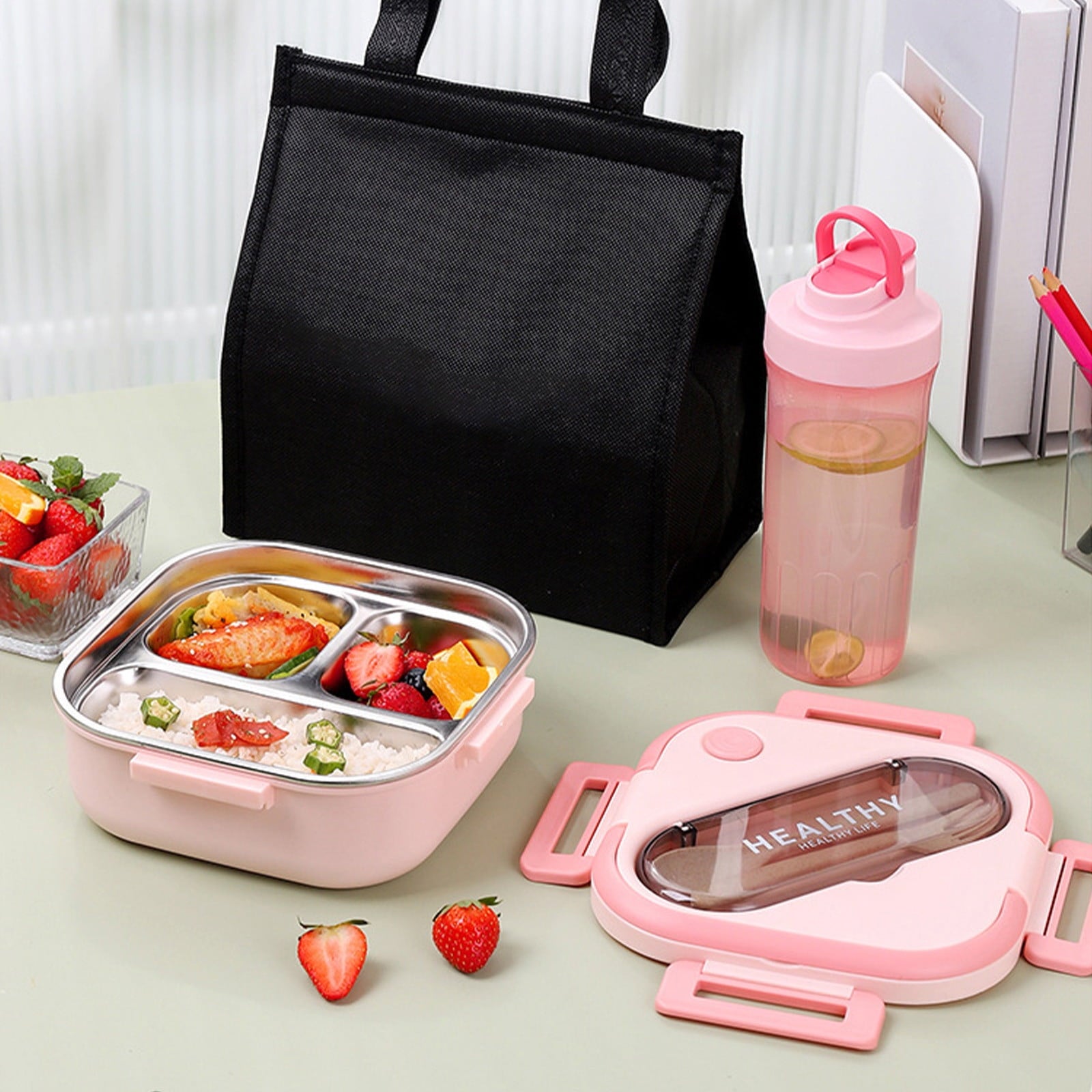 Lunch Box, Toddler Lunch Box, Leak-Proof, Four-Sided Clasp for School,Camping,Travel, 7.5x7.5x3 In,Light Blue Pink