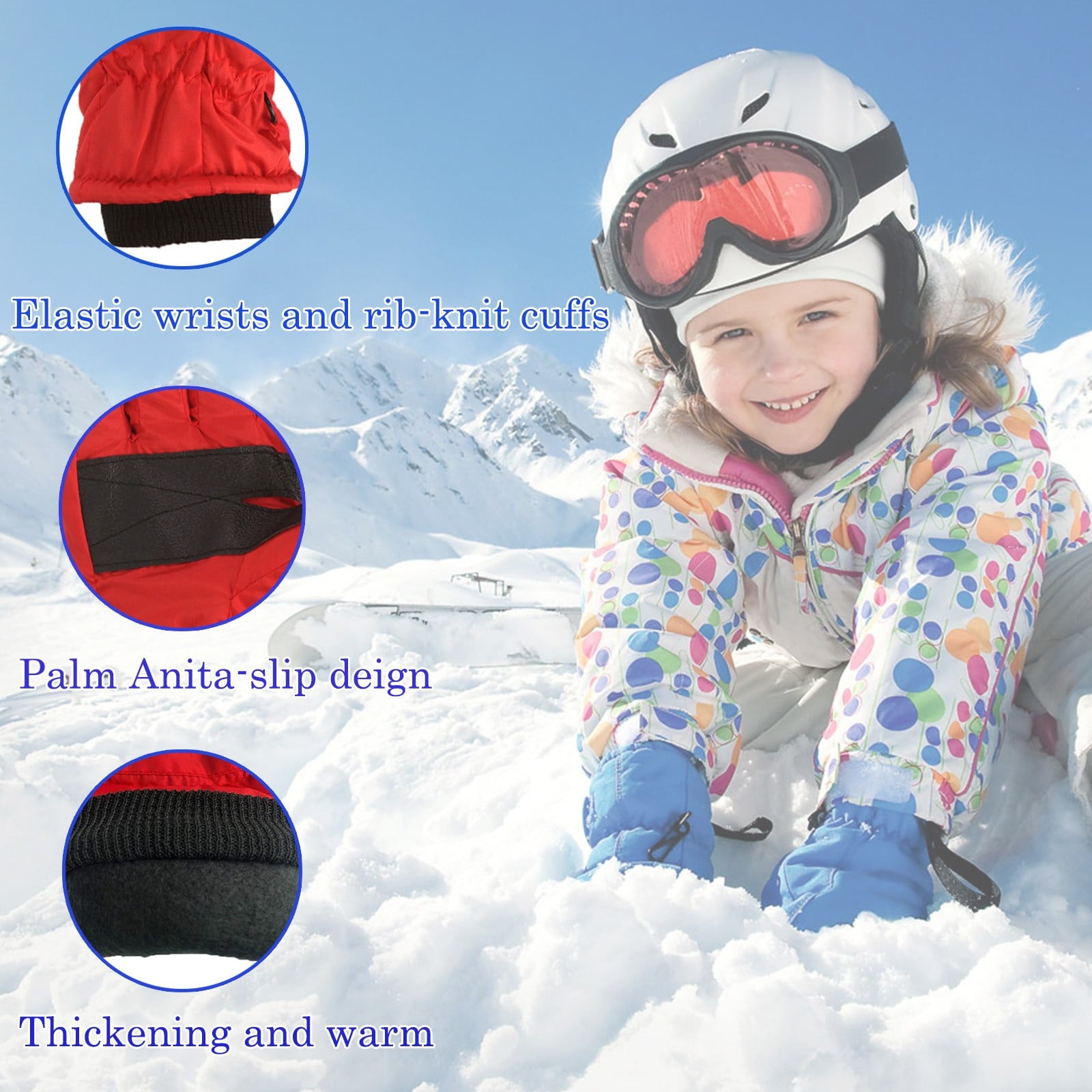 GXWEA Kids Waterproof Winter Snow Gloves – Warm, Thick & Stretchy for Boys & Girls (Ages 4–11), Blue