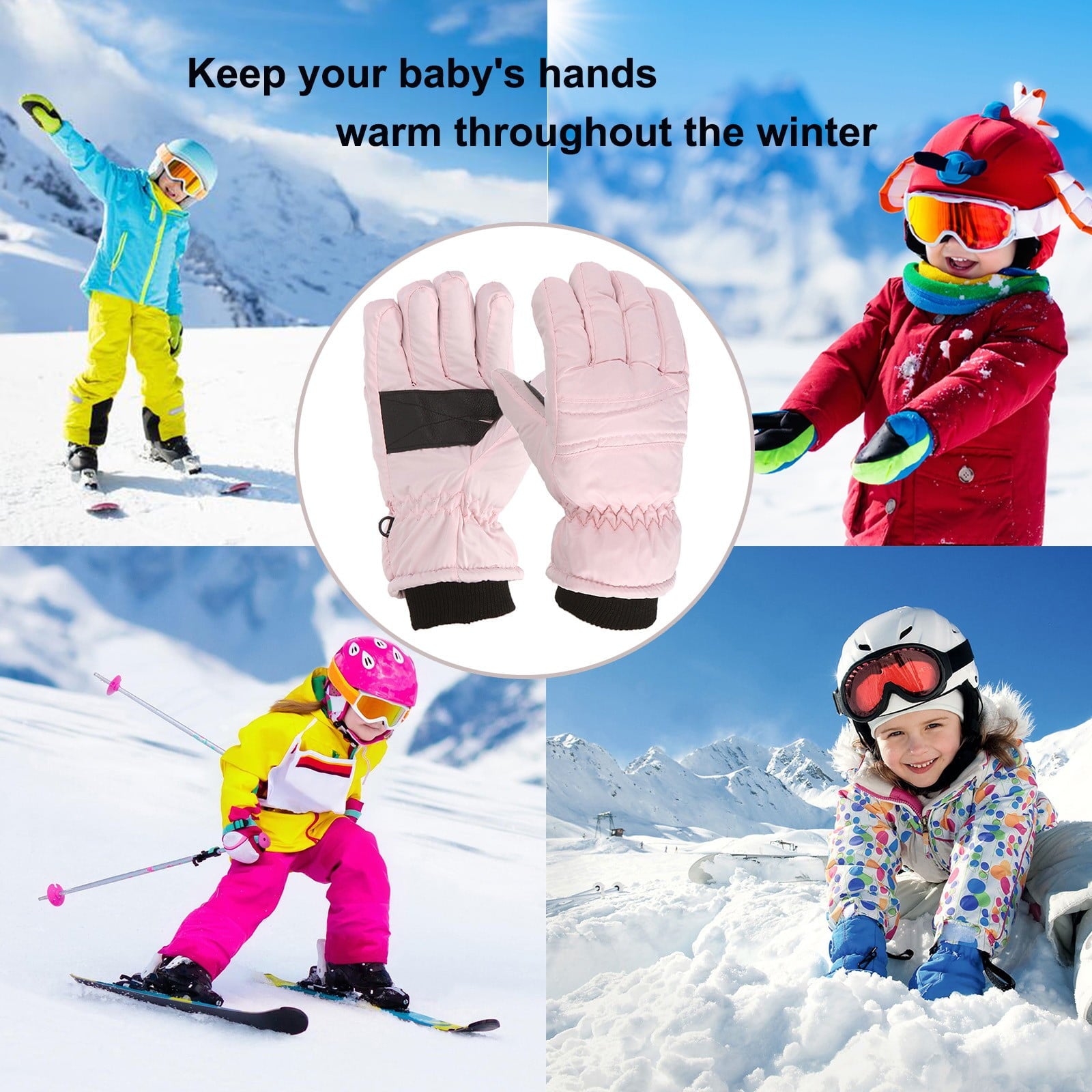 GXWEA Kids Waterproof Winter Snow Gloves – Warm, Thick & Stretchy for Boys & Girls (Ages 4–11), Pink