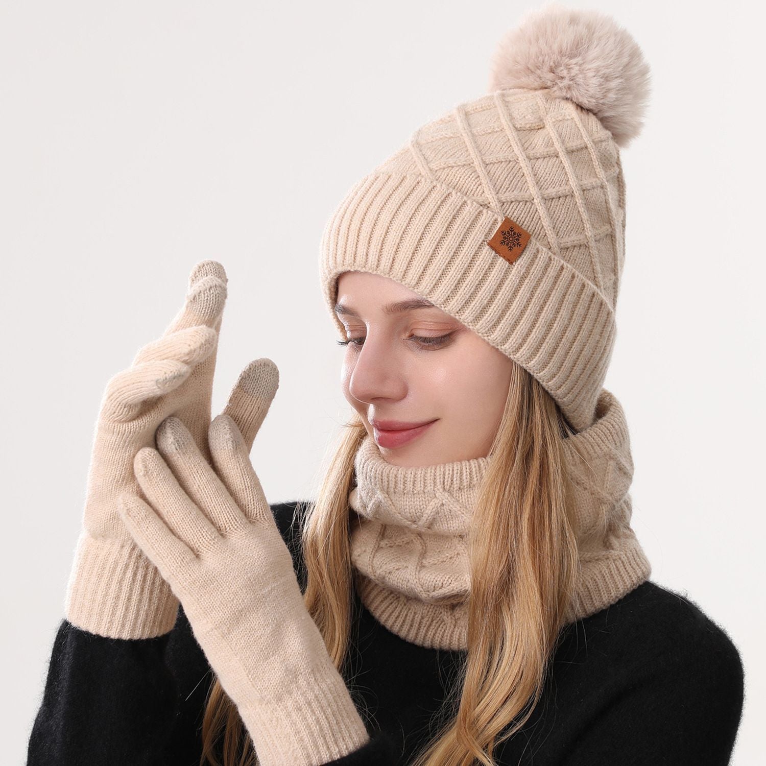 Women Beige Argyle 3-Piece Set-Hat Scarf and Gloves