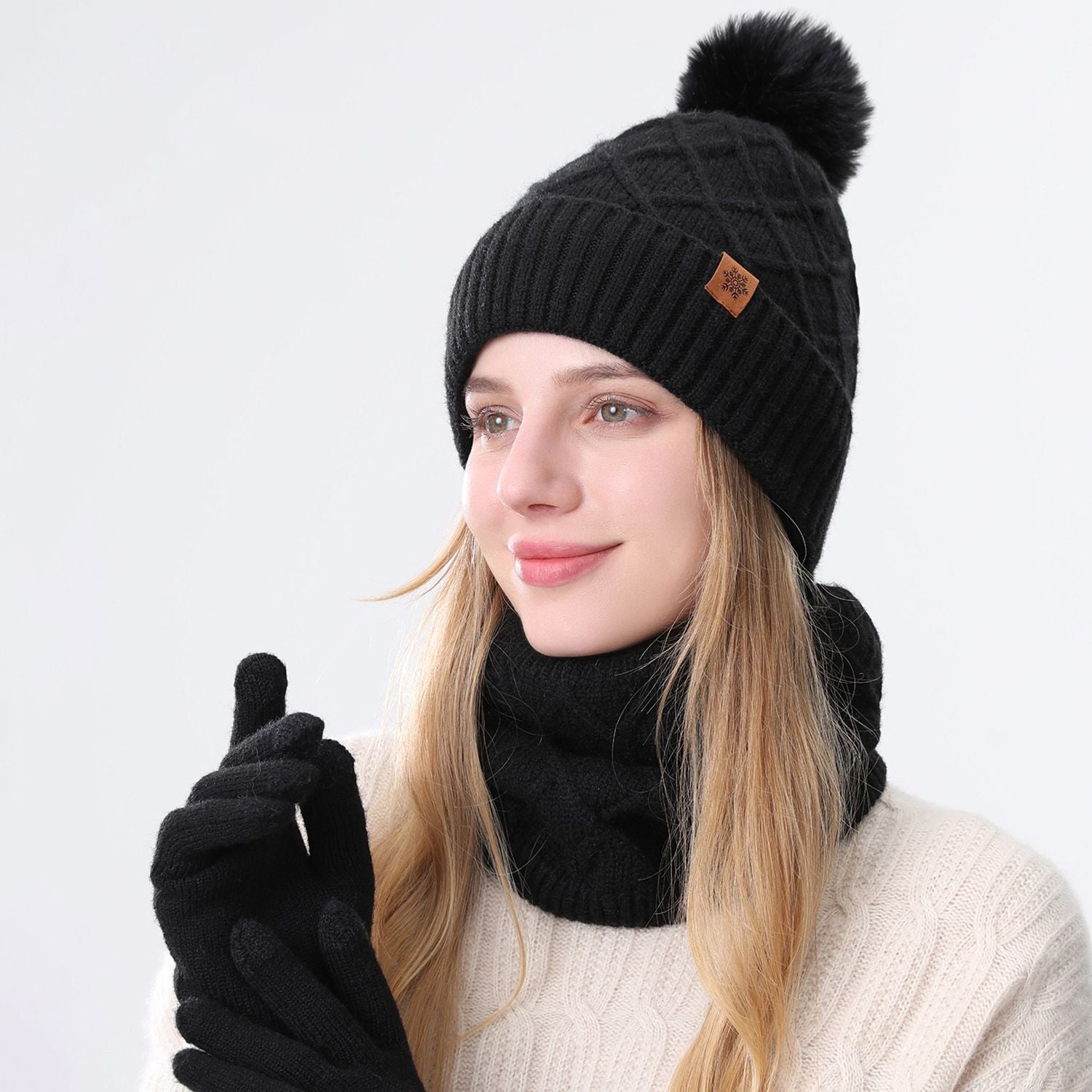 Women Black Argyle 3-Piece Set-Hat Scarf and Gloves