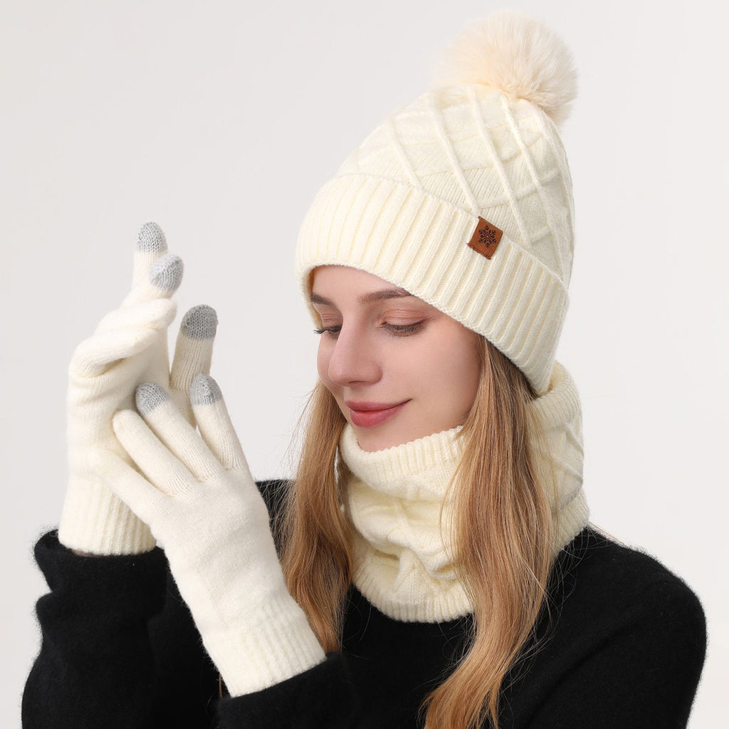 Women Milky-White Argyle 3-Piece Set-Hat Scarf and Gloves