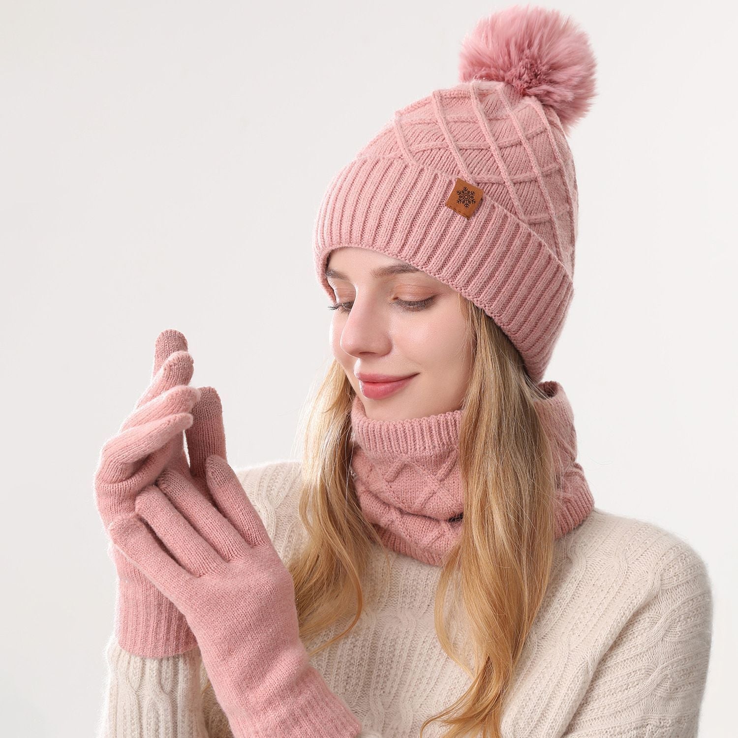 Women Pink Argyle 3-Piece Set-Hat Scarf and Gloves