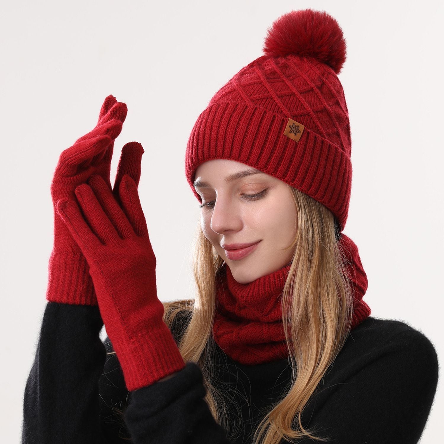 Women Red Argyle 3-Piece Set-Hat Scarf and Gloves