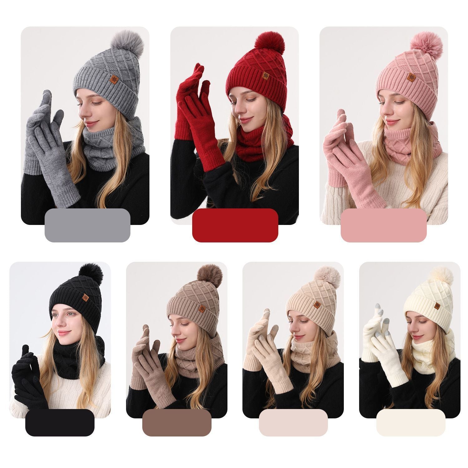 Women Red Argyle 3-Piece Set-Hat Scarf and Gloves